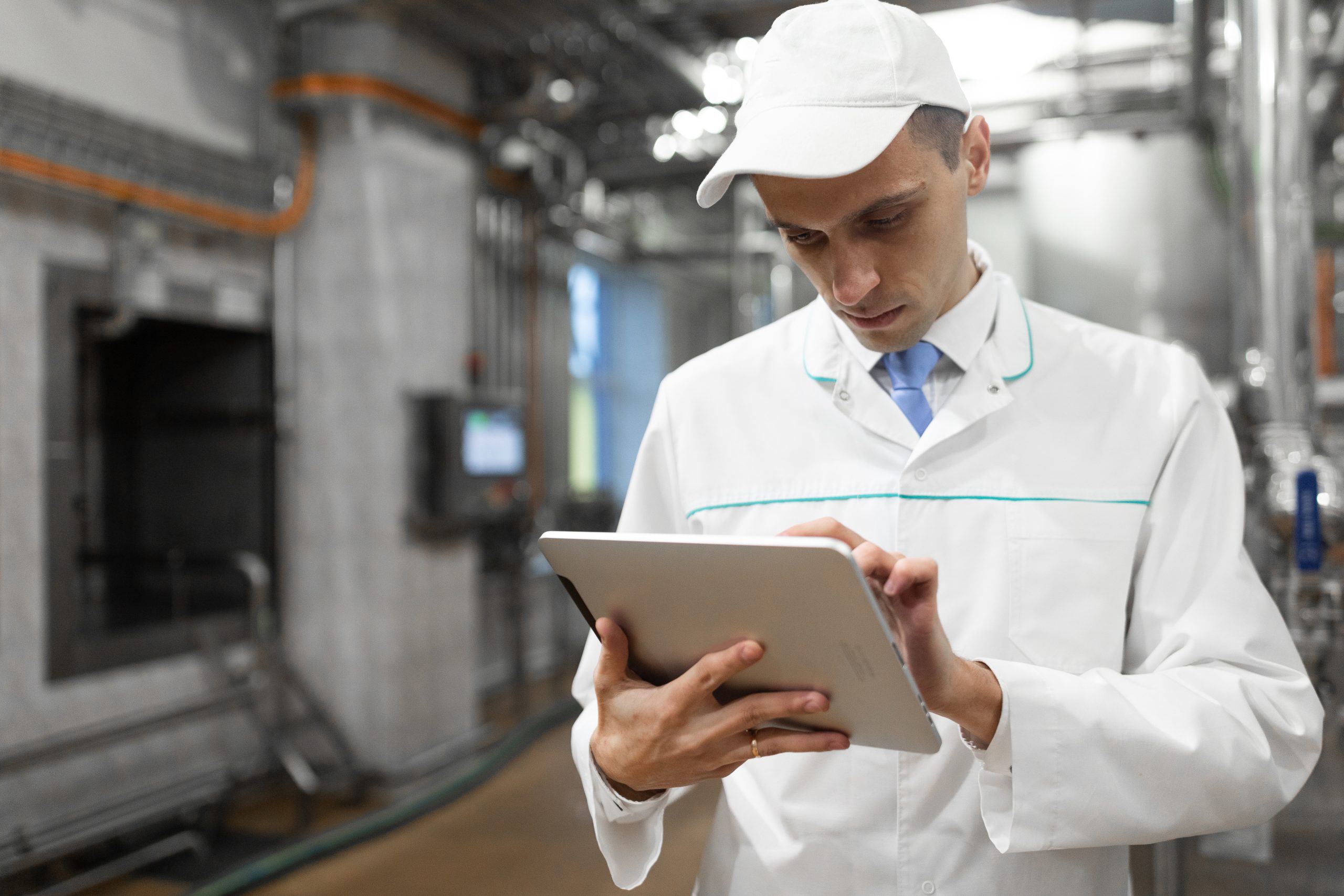 Portrait of man in a white robe and a cap standing in production department of dairy factory with grey tablet